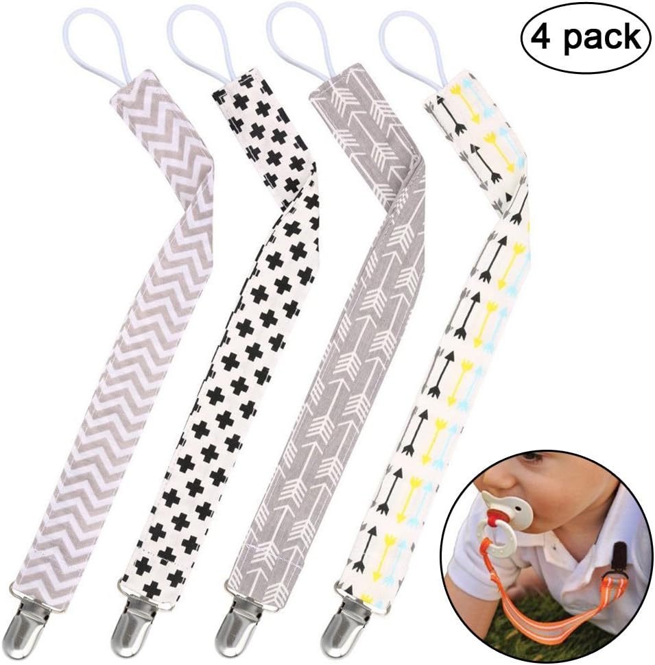Baby Pacifier Holder Strap Dummy Clip - 4 Pack - JamHooDirect Best Washable Soother Leash Chain with Stainless Steel Clip for Newborns Boys and Girls