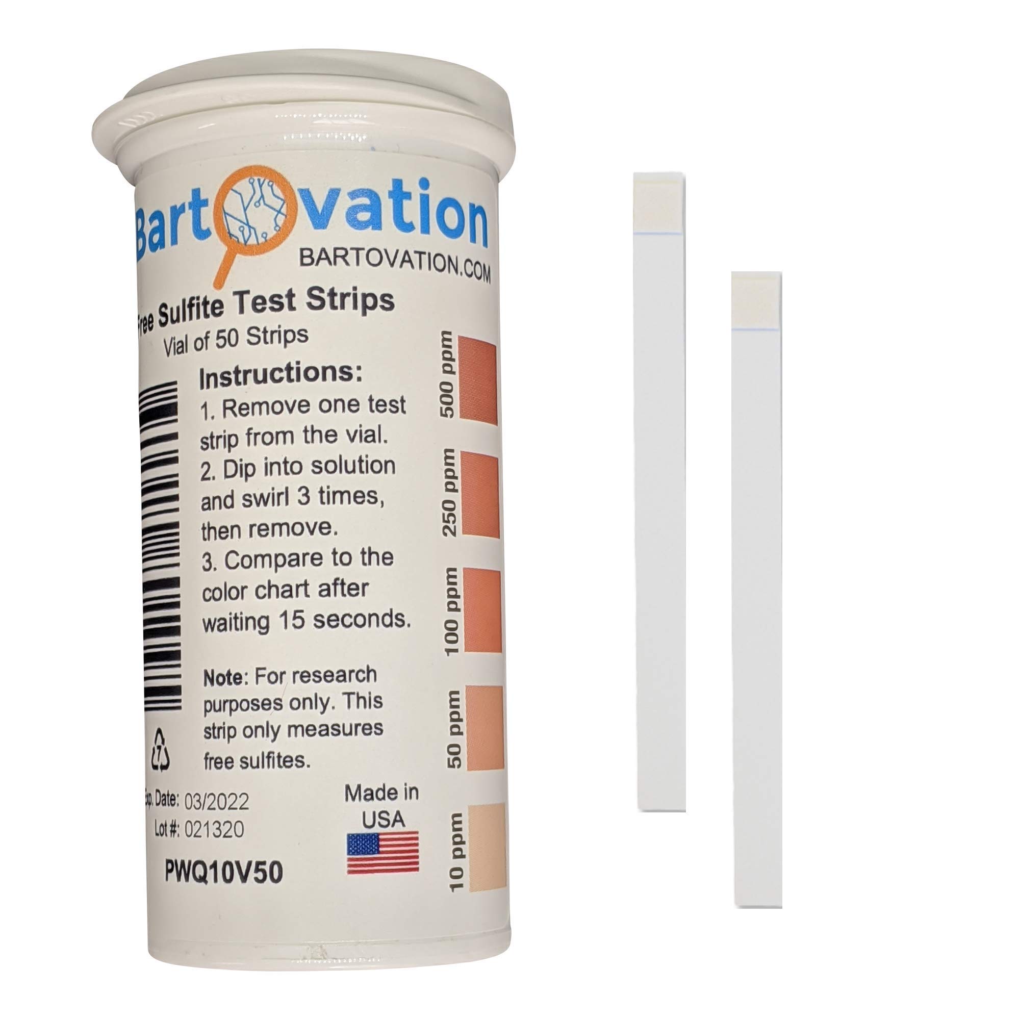 Free Sulphite/Sulfite Test Strips, 10-500 ppm [Vial of 50 Plastic Strips]