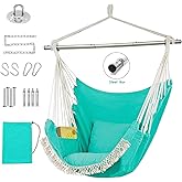 Hammock Swing Chair, Hanging Chair with Pocket, Detachable Steel Support Bar, 500lbs Capacity, Cotton Weave Hammock Chair, 2 Soft Cushions Indoor and Outdoor Green
