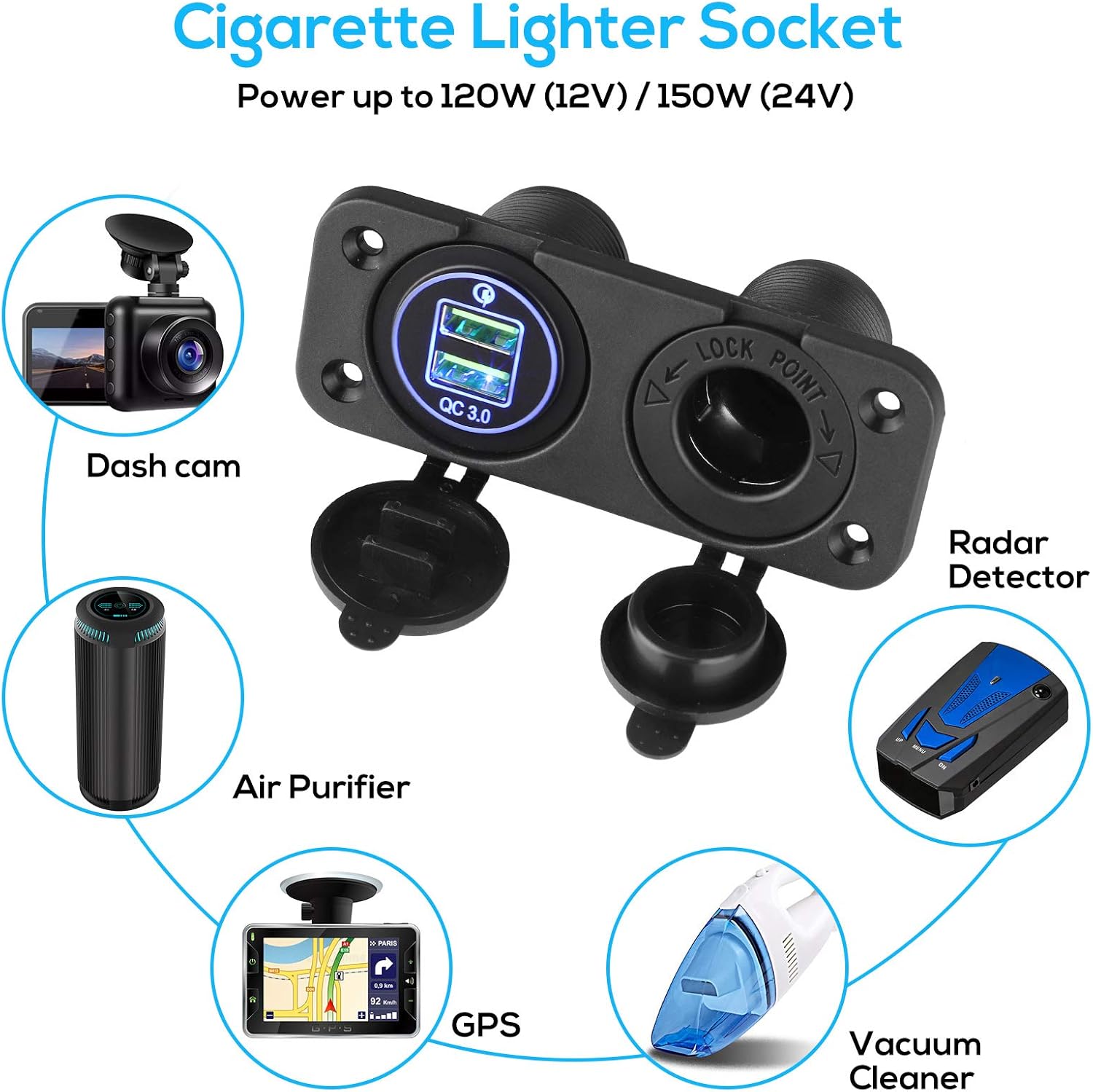 Quick Charge 3.0 Cigarette Lighter Outlet Splitter, 12V Charger Waterproof Power Socket Adapter Control panel, Dual USB Ports with Blue LED & Cigarette Lighter Socket, for 12V/24V Car Boat Marine RV: Automotive