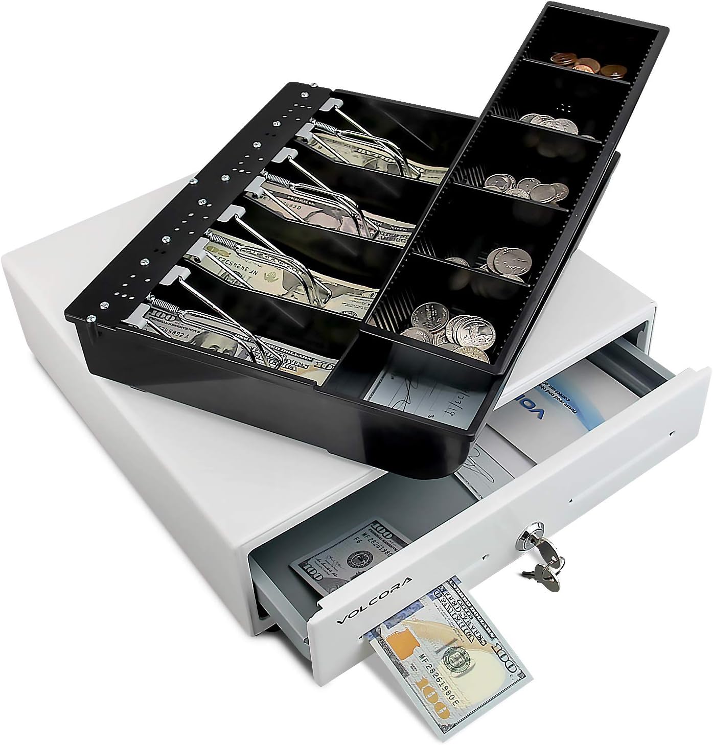 Mini Cash Register Drawer 13” for Point of Sale (POS) System with Fully Removable 2 Tier Cash Tray, 4 Bill/5 Coin, 24V, RJ11/RJ12 Key-Lock, Double Media Slot, Small Square Money Drawer, White : Electronics