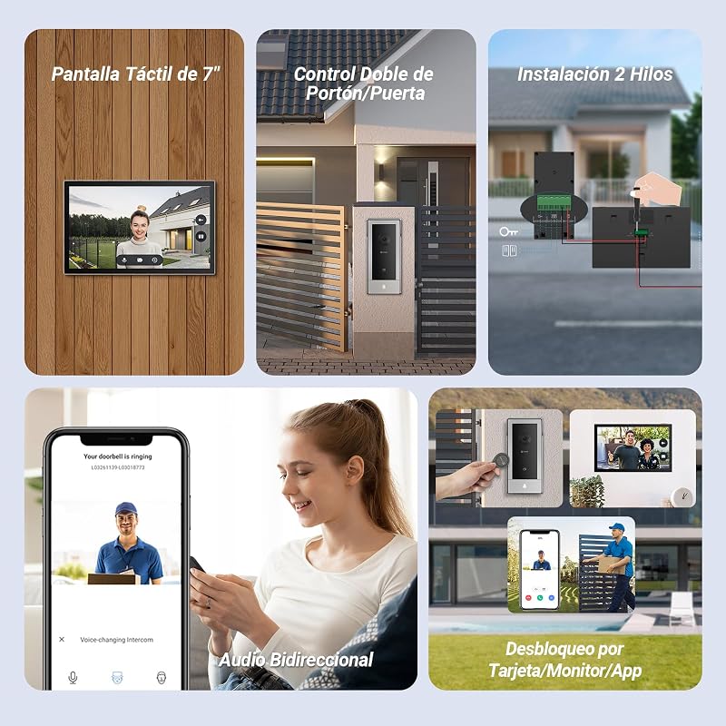 Sistema de Intercomunicador de Vídeo WiFi 1080P, monitor tátil a cores de 7'', campainha de vídeo de 2 fios, destrancamento remoto, áudio bidirecional, banda dupla (2,4/5GHz), design fino, CP5