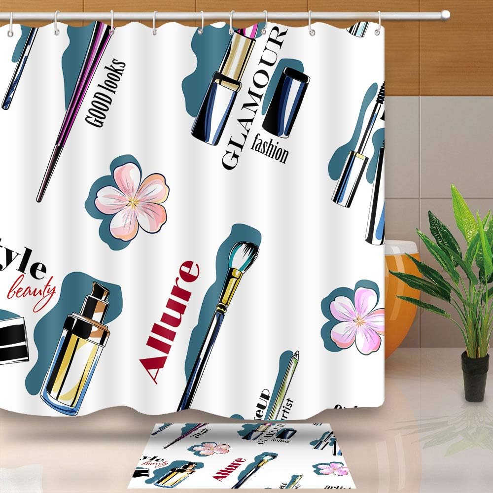 NEWTOO Girly Decor Shower Curtain, Cosmetic Shower Curtain for Girls