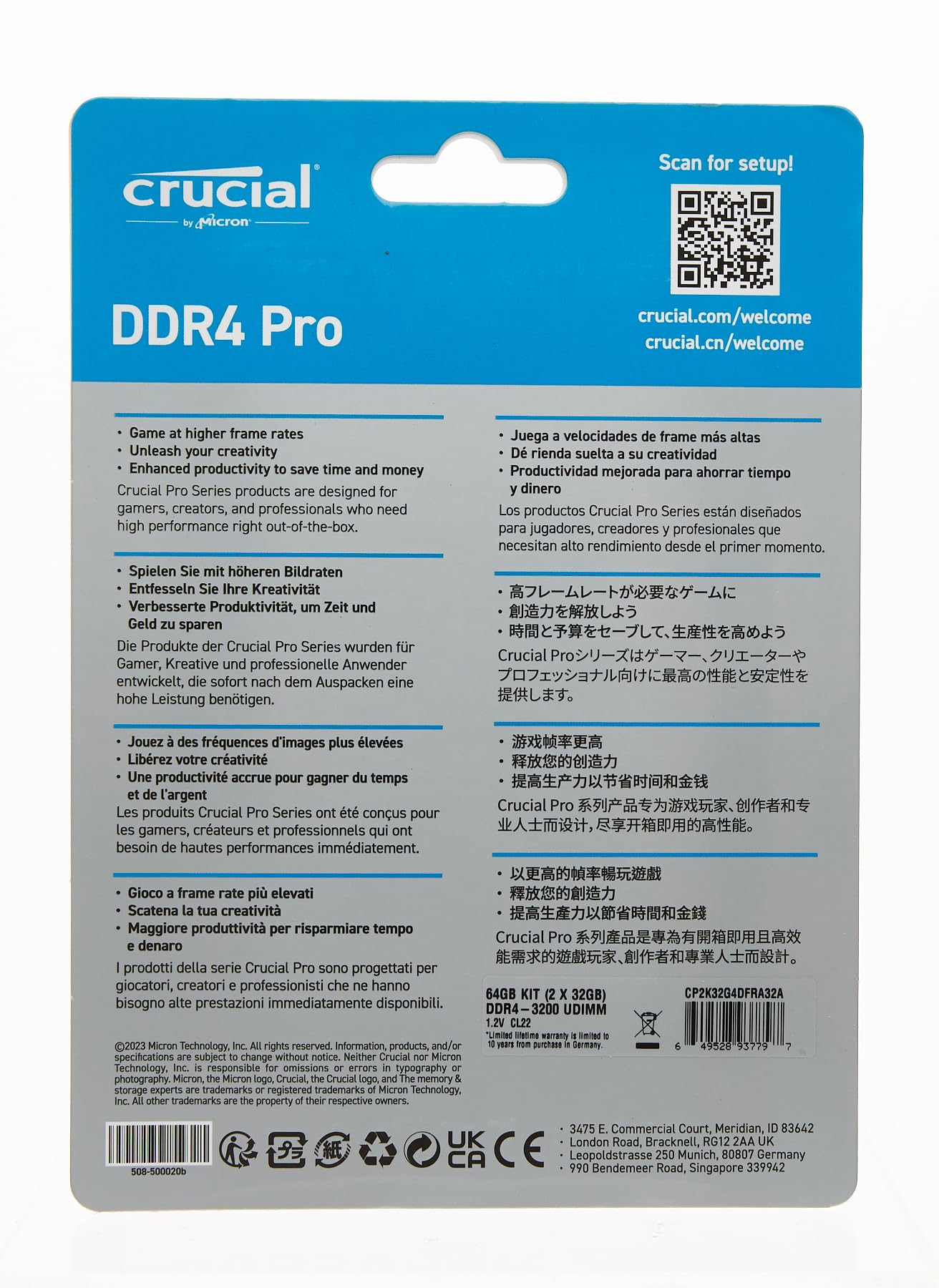 Crucial Pro 64GB DDR4 RAM Kit (2x32GB), 3200MHz (or 3000MHz or 2666MHz) Desktop Memory, Compatible with Intel and AMD Ryzen - CP2K32G4DFRA32A