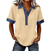 OKDNAJDD Womens Denim Collar Short Sleeve Shirts Women Button Up V Neck Tops Casual Streetwear Patch Work Tees