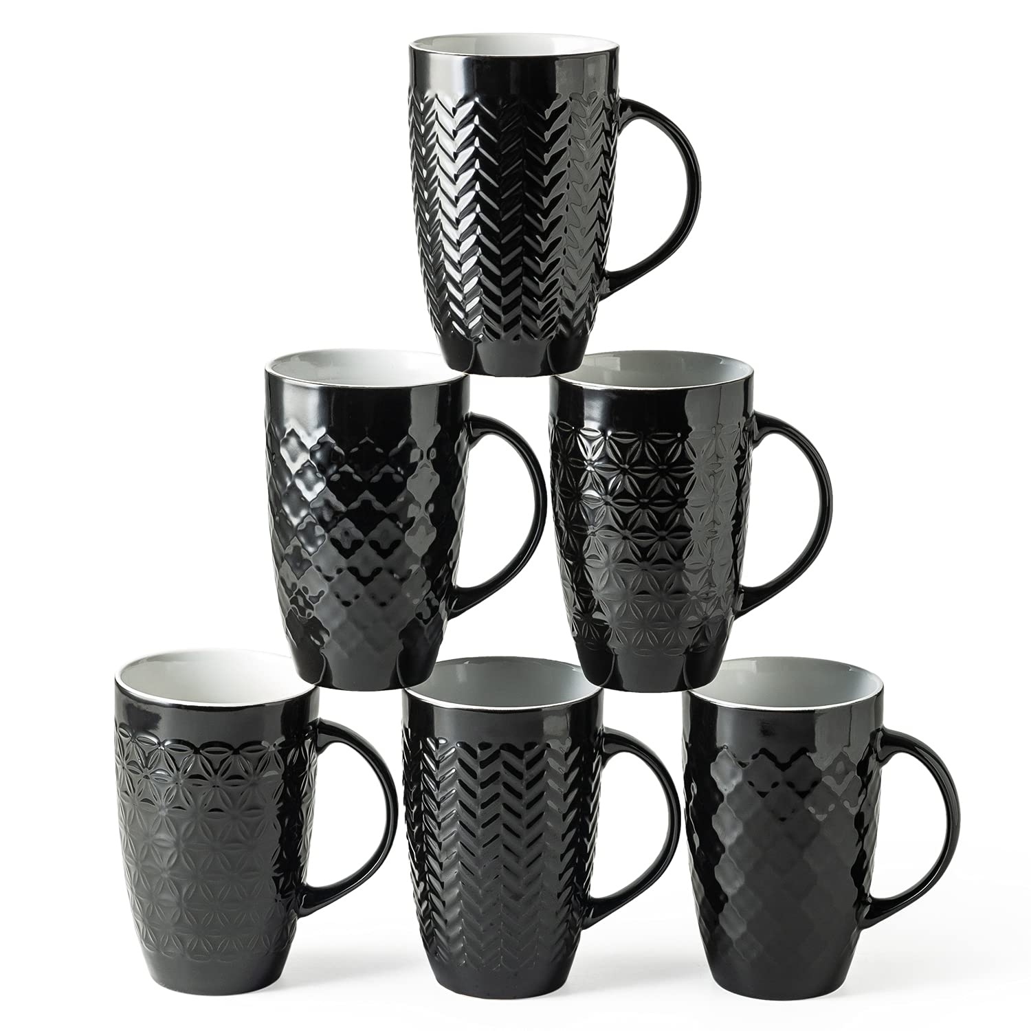 Photo 1 of AmorArc Large Coffee Mugs Set of 6, 16oz Ceramic Tall Coffee Mugs Set with Textured Geometric Patterns for Coffee/Tea/Beer/Hot Cocoa, Dishwasher & Microwave Safe, Black