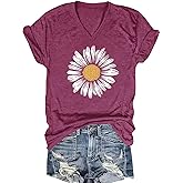 Womens Vintage Flowers V Neck Shirt Boho Floral Wildflowers Graphic Tee Casual Short Sleeve T Shirt