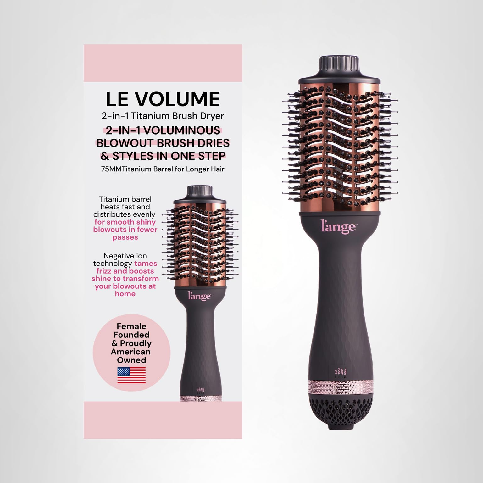 L'ANGE HAIR Le Volume 2-in-1 Titanium Blow Dryer Brush | Hot Air Brush for Hair Drying & Styling | Ionic Oval Barrel for Smooth, Frizz-Free Volume | (Black – 75mm)