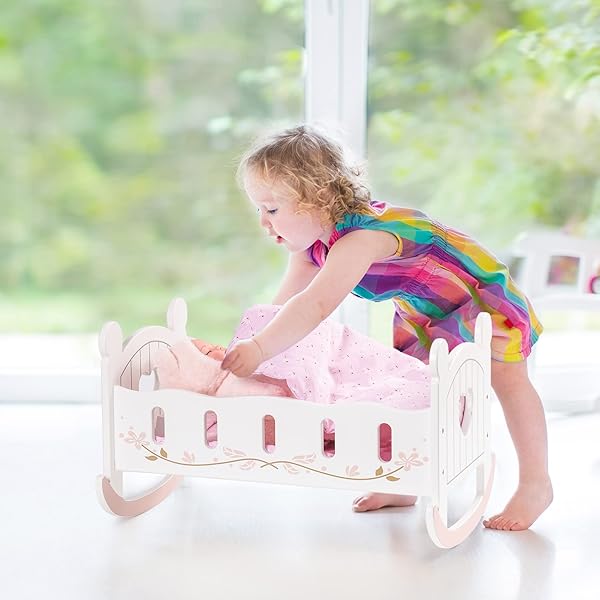 ROBOTIME WOODEN PLAY DOLL CRADLE ROCKING BABY DOLL CRIB, REVERSIBLE DOLL BEDDING FOR TODDLER GIRL,FITS DOLLS UP TO 20 INCHES (WHITE)