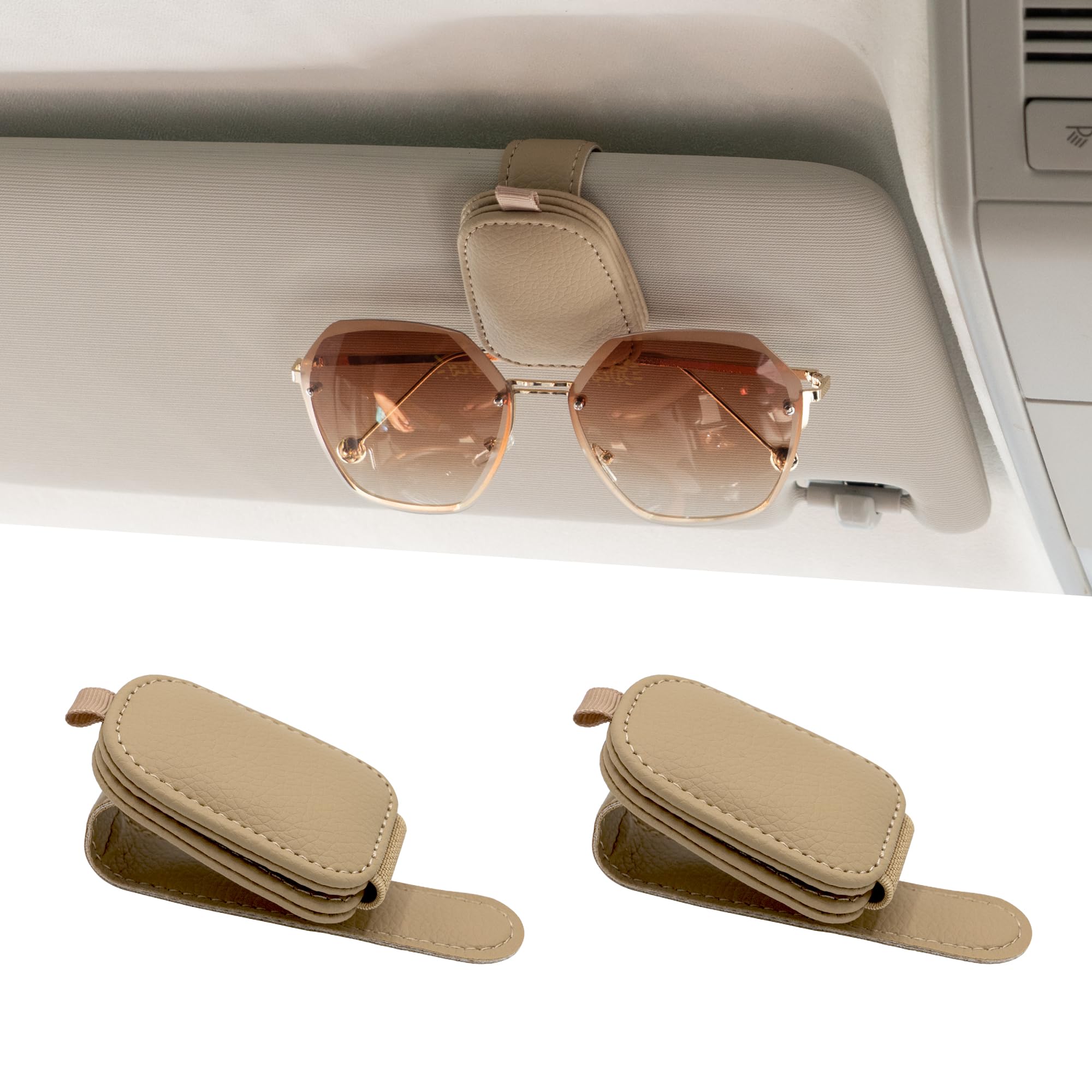 Yuoyar Magnetic Leather Sunglasses Holder for Car, 2 Packs (Beige)