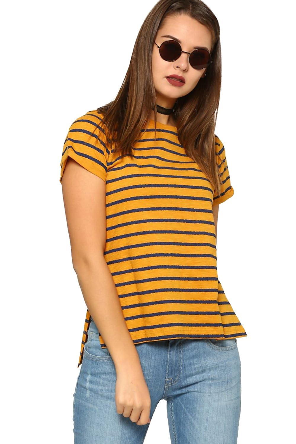 abof women's striped regular fit t-shirt