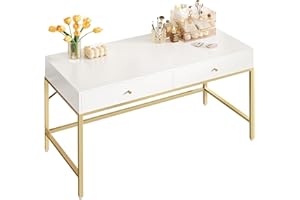 SUPERJARE Vanity Desk with Drawers, 47 inch Computer Desk, Modern Simple Home Office Desks, Makeup Dressing Table for Bedroom - White and Gold, 7997G