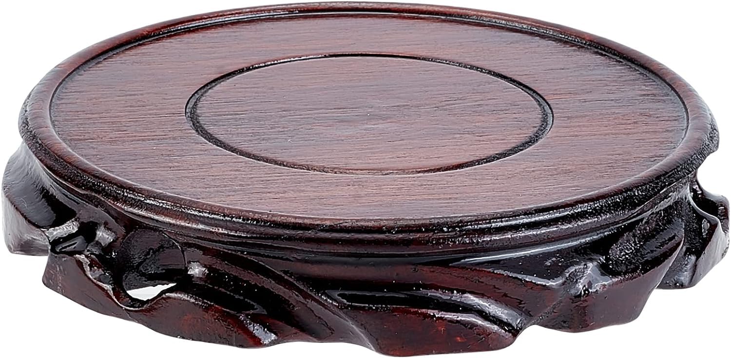 FINGERINSPIRE Solid Wood Display Stand Base 13.8x2.3cm Circular Pedestal Vase Display Stand Oriental Carved Wooden Pedestal for Plant Pot, Gemstone, Fish Tank, Teapot (Coconut Brown)