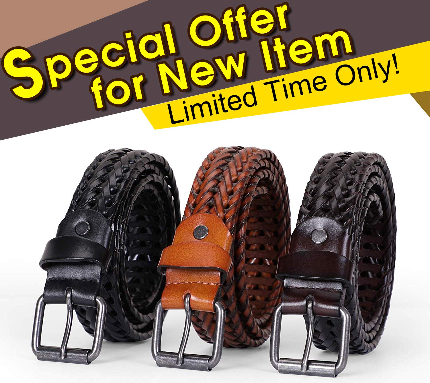 Men\'s Leather Braided Belt, JasGood Cowhide Leather Woven Belt for Jeans 1.3 Inch Wide with Prong Buckle,Fits Pants Size 33-38 Inches,1-Black