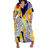 SUZONANA Women Casual T-Shirt Dress V Neck Short Sleeve Solid Color Oversize Dress with Front Two Pockets