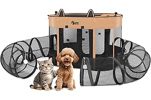 Ownpets Portable Enclosed Cat Playpen with Connectable 12.4 Dia Tunnel, Outdoor Catio, Pop Up Puppies Kennel, Removable Mesh 