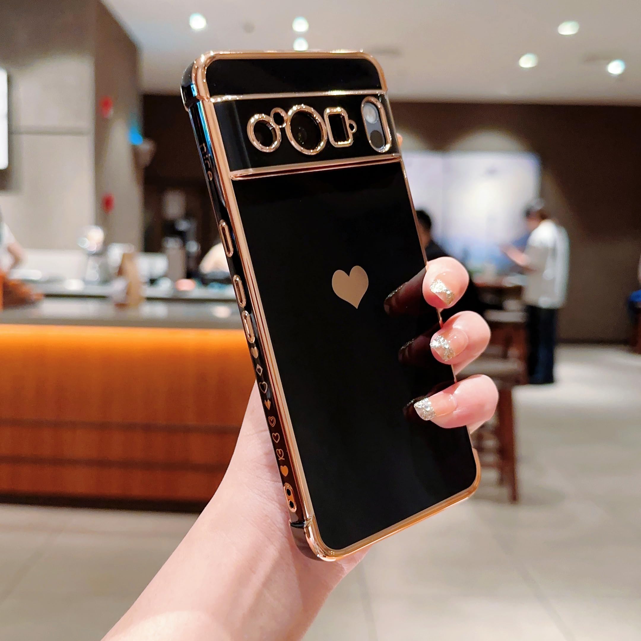 LSOUGUK Compatible with Google Pixel 8 Pro (6.7") Case,Love Heart Pattern Electroplated Design Soft TPU Shockproof Protective Phone Case Full Camera Lens Protection Cover for Google Pixel 8 Pro-Black