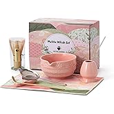 Matcha Tea Set, 8 Pcs Japanese Matcha Kit with Cherry Blossom and Wave Design Ceramic Bowl, Bamboo Whisk, Whisk Holder, Scoop, Sifter, Brush, Matcha Kit Set for Matcha Lovers (Pink)