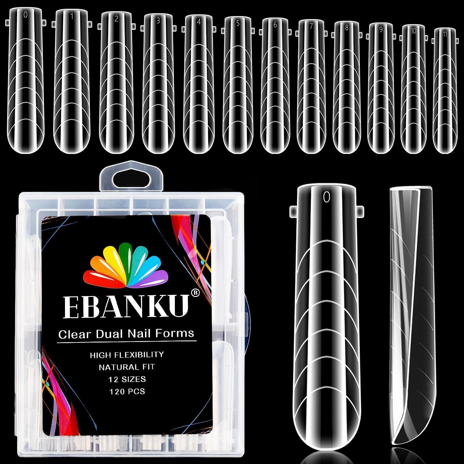 EBANKU 120PCS Clear Dual Nail Forms System Long Full Coffin Nail Mold Tips Acrylic Nail Extension Tools for Nail Art Salon Nails Design