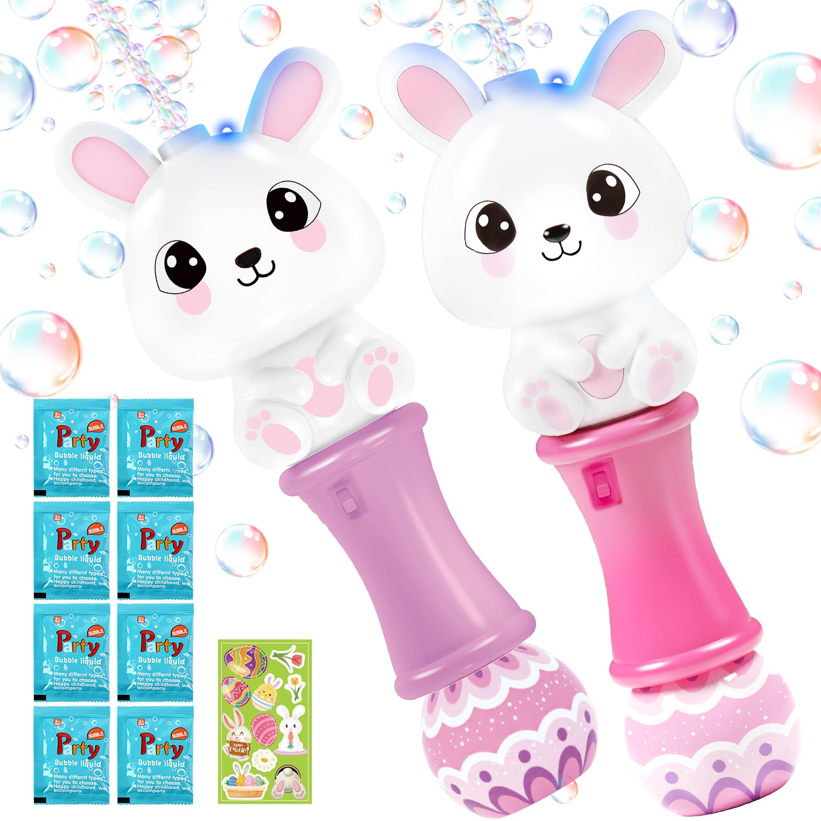 Shemira 2 Pack Bubble Wands for Kids, 11.2 inches Automatic Bubble Blower with Light, Bubbles Maker Toys with 4 Solution Sticker, Bunny Bubbles Wand for Girls, Summer Outdoor Indoor Activity