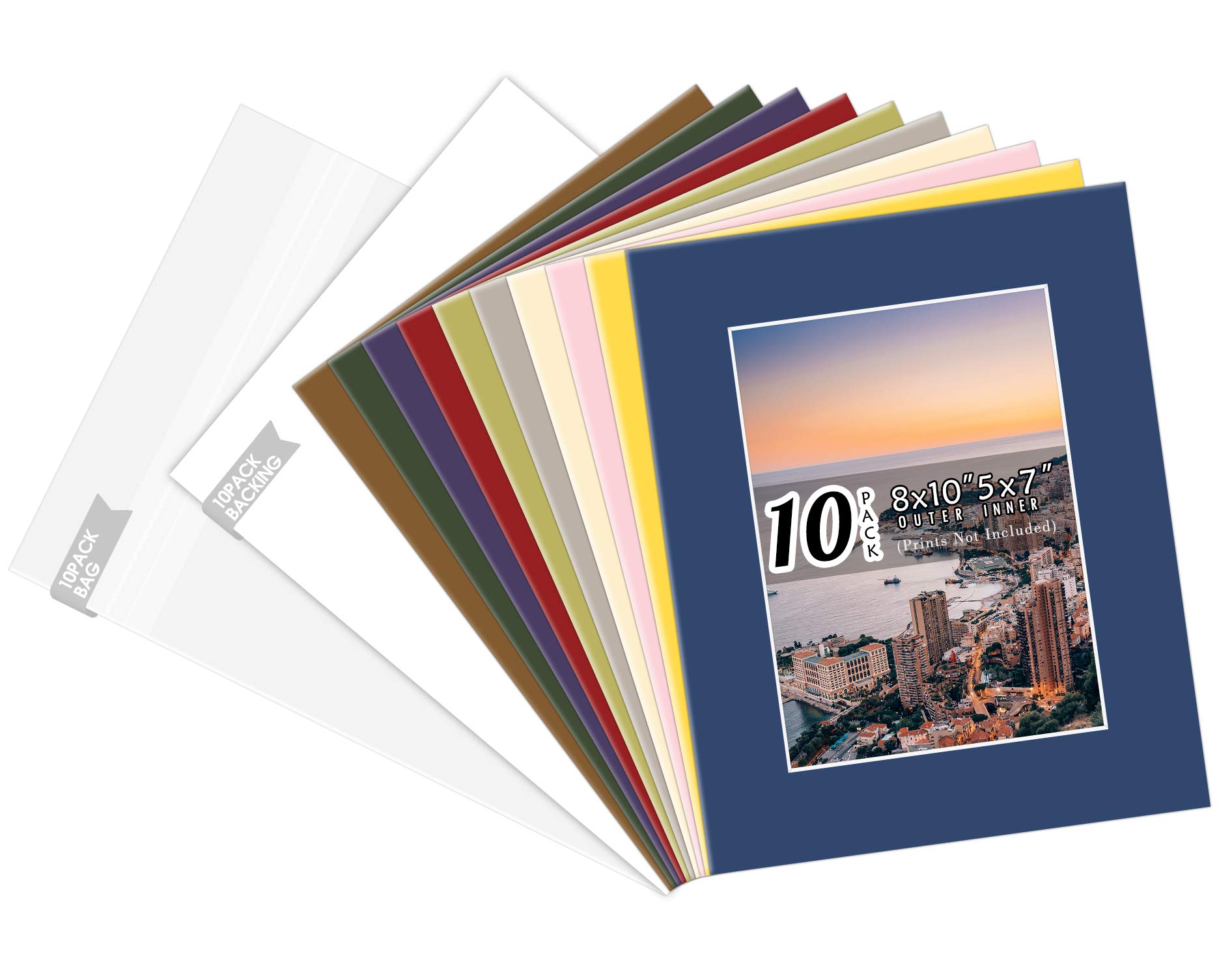 Golden State Art, Pack of 10 Mixed Colors Pre-Cut 8x10 Picture Mat for 5x7 Photo with White Core Bevel Cut Mattes Sets. Includes 10 High Premier Acid Free Mats & 10 Backing Board & 10 Clear Bags