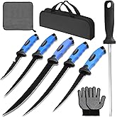 Fish Fillet Knife Set, For Trout Fishing Catfish Cleaning and Meat Cutting, Stainless Steel Blade , Includes 5", 6", 7", 9", XL 9" knife, Sharpening Rod, Glove, Towel, Storage Bag. For Kitchen, Boat