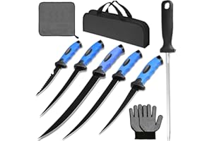 AOFUXTI Fish Fillet Knife Set, For Trout Fishing Catfish Cleaning and Meat Cutting, Stainless Steel Blade , Includes 5", 6", 7", 9", XL 9" knife, Sharpening Rod, Glove, Towel, Storage Bag. For Kitchen, Boat