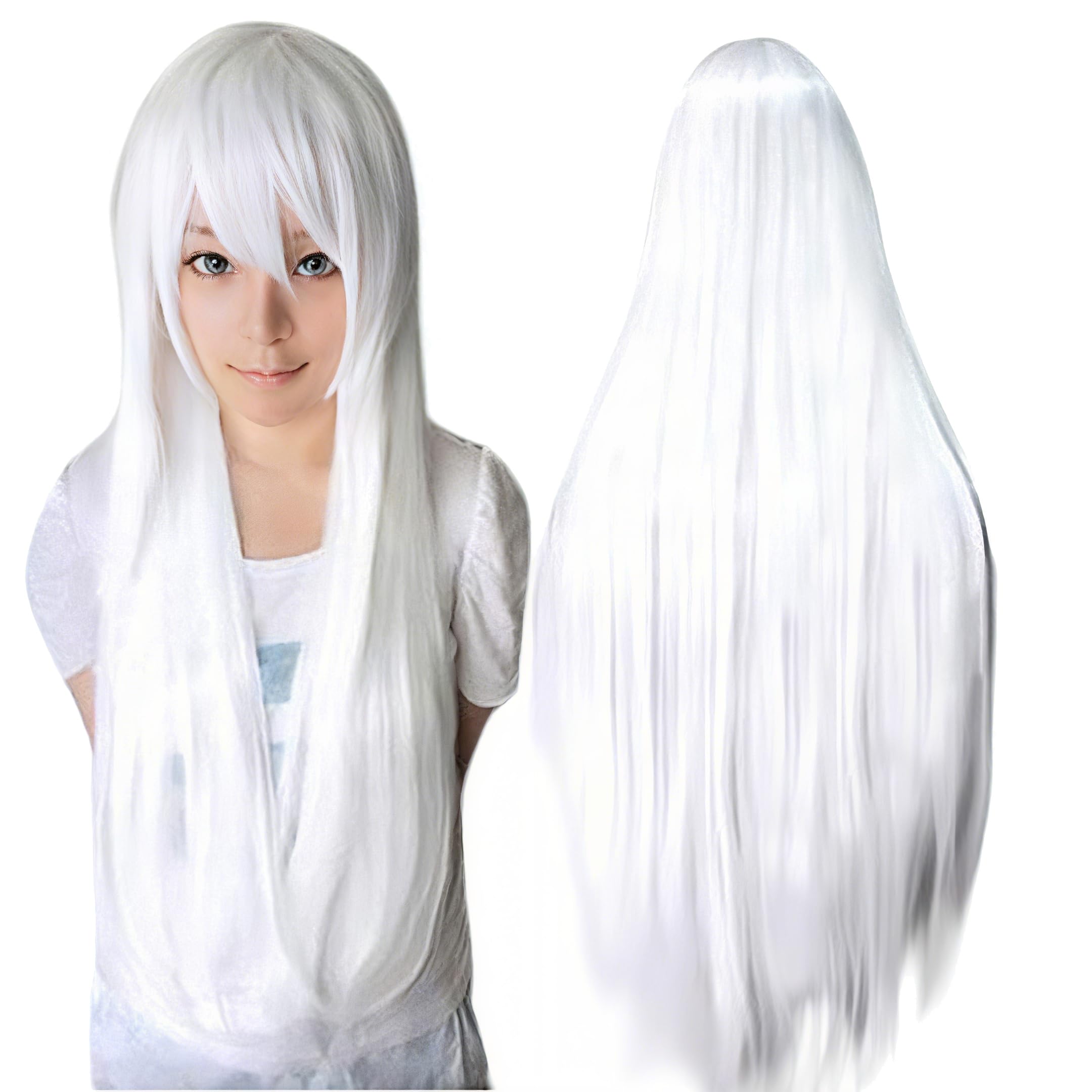 IMISSU 80cm Long Straight Natural Hair Cosplay Wigs with Bangs Colorful Halloween Costume Party Wig for Girl (Pure White)