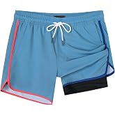 SURF CUZ Mens Swim Trunks with Compression Liner 5" Swimming Trunks 5 Inch Retro Swim Shorts with Zipper Pockets