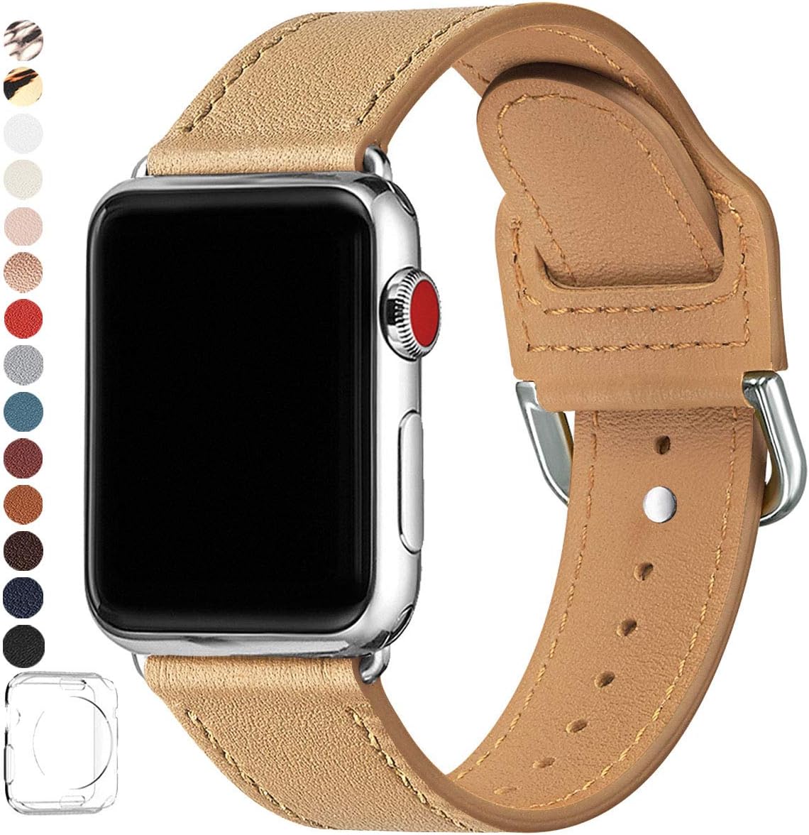 POWER PRIMACY Bands Compatible with Apple Watch Band 38mm 40mm 42mm 44mm, Top Grain Leather Smart Watch Band Compatible for Men Women iWatch Series 5/4/3/2/1 (Light Tan/Silver, 38mm 40mm)