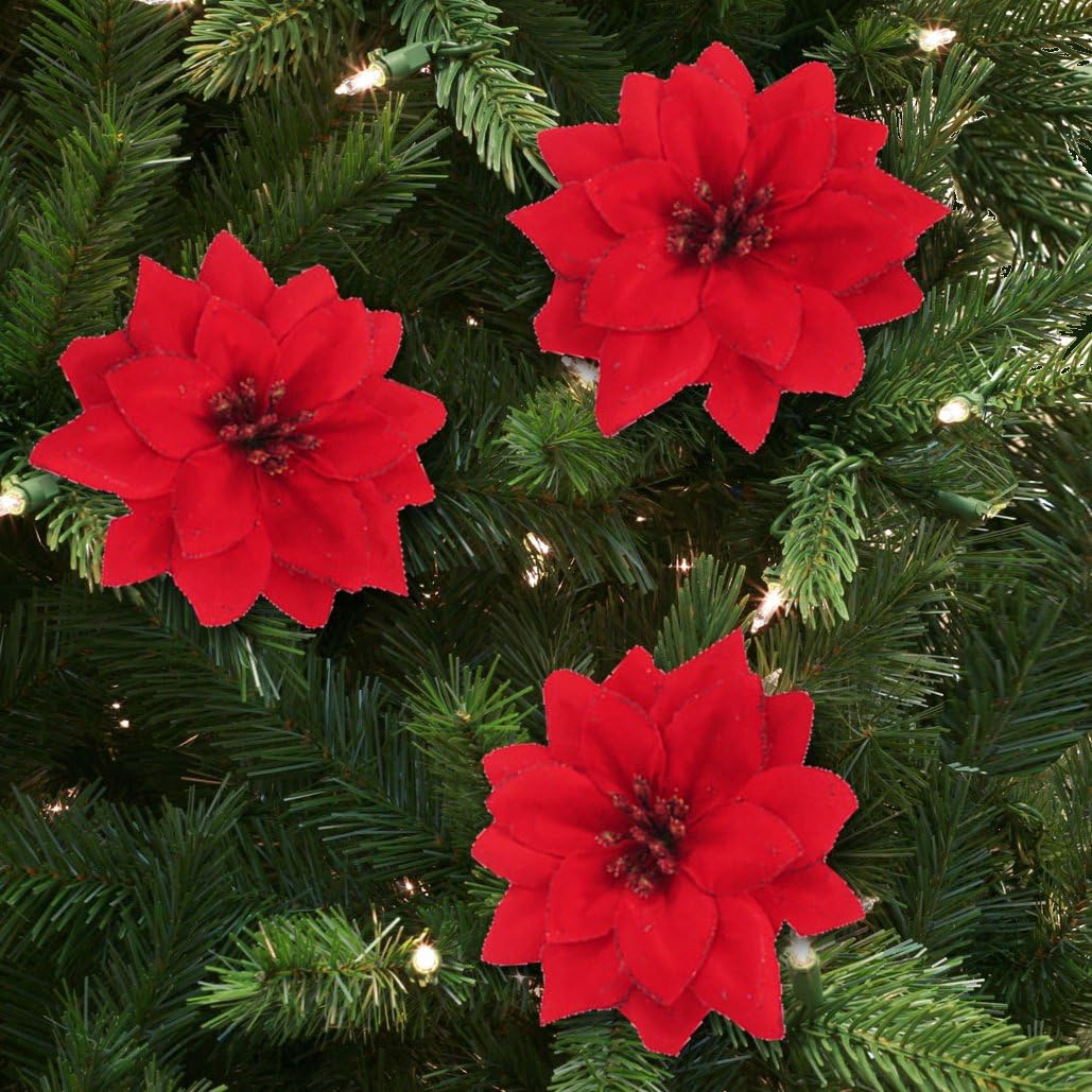 Pack of 6 Large 5" Glitter Poinsettia Christmas Tree Ornaments Decoration with Clip