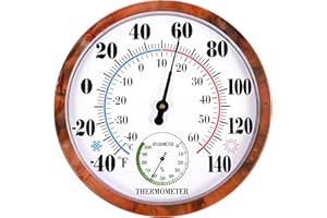 CHIVENIDO Indoor Outdoor Thermometer Hygrometer - 10Inch Outdoor Thermometers Large Number, 2 in 1 Thermometer Hygrometer, No Battery Needed Large Outside Thermometers for Patio (Brown)