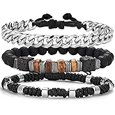 Dazylleco 3pc Mens Beaded Bracelets Silver Stainless Steel Chain Bracelet for Men Handmade Braided Bracelet Sets Jewelry Gifts for Men