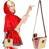 Abbylike Wicker Basket Crossbody Rattan Bag Clutch Gingham Picnic Basket Costume Accessory Women Boho Bag Clutch Woven Handbag Woven Straw Handbag for Halloween Costumes