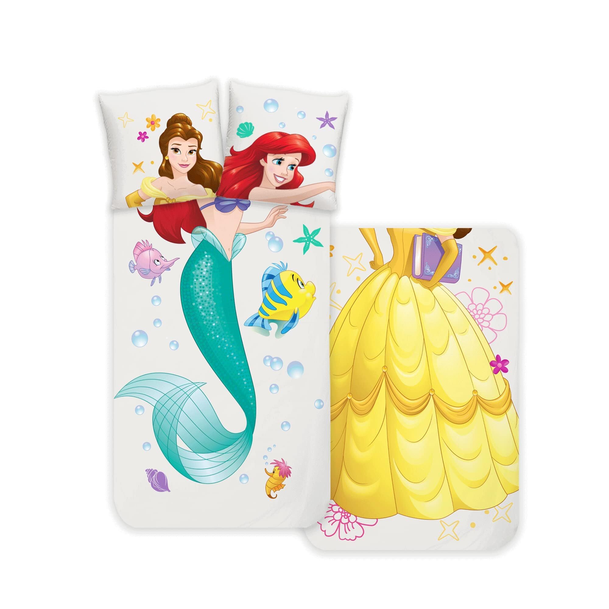 Disney Home Princesses 2-Piece Bed Linen Set - Bed Linen 135 x 200 cm and Pillowcase 80 x 80-100% Cotton Super Soft - Double-Sided Children's Bed Linen for Girls