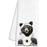 FTKBGHY Funny Black Bear Hand Towels for Bathroom, Bear Lover Gifts, Funny Wild Animal Decorative Hand Towels for Washroom Restroom Powder Room, Bears Bathroom Decor, 16x24 Inch
