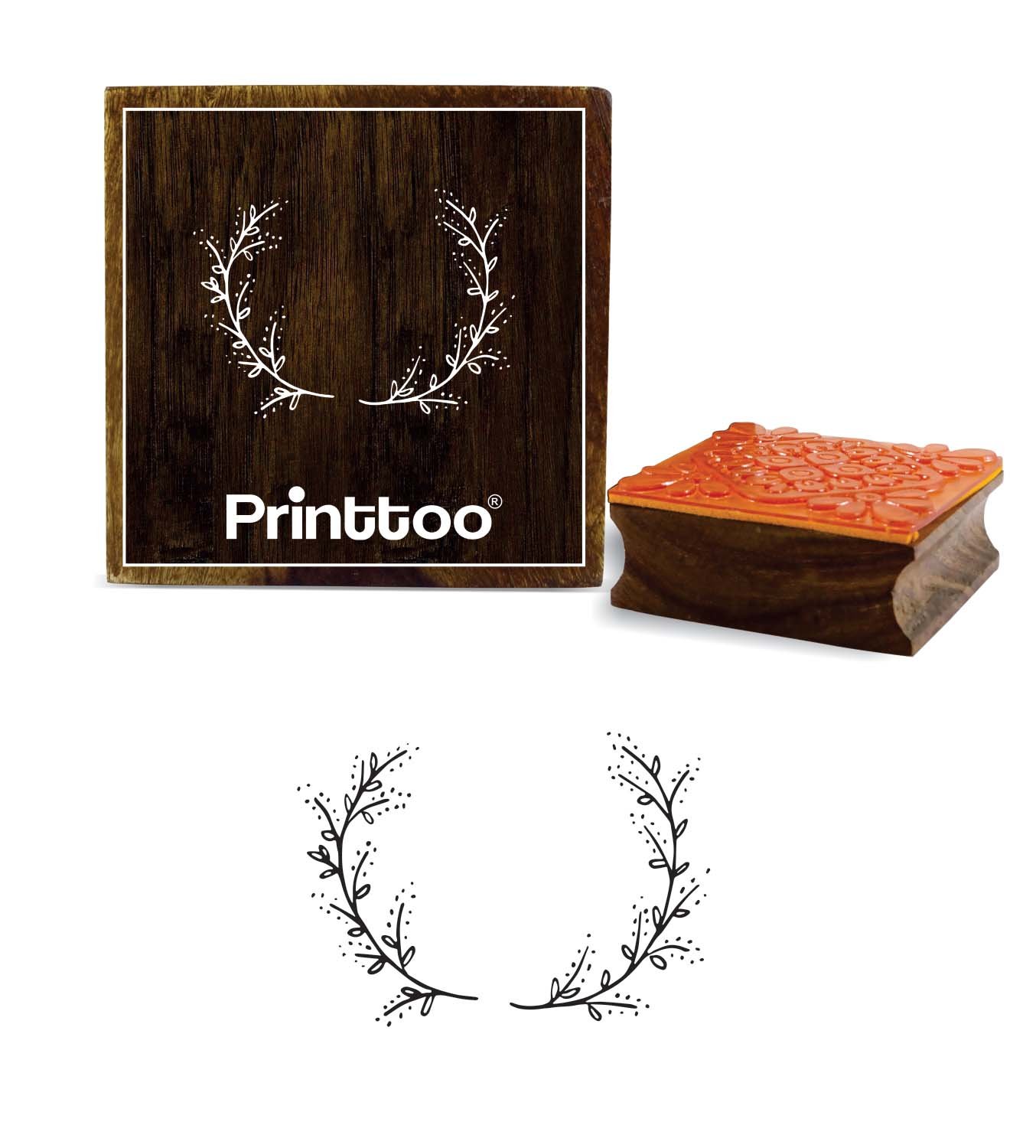 Printtoo Leaf Wreath Pattern Square Wooden Rubber Stamp Diary Card Brown Block-2 x 2 Inches