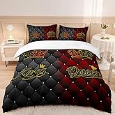AILONEN Black and Red Duvet Cover Set,King and Queen Printed Crown Love Couple Bedding Set for Gift King Size,Girls Comforter Cover,1 Quilt Cover + 2 Pillowcases 3-Piece,Soft Microfiber
