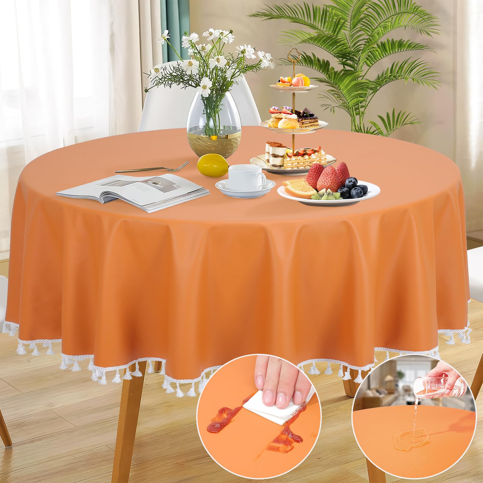 Photo 1 of Rinpon Premium Heavy Duty Vinyl Round Waterproof Tablecloth with Flannel Backing, 60'' Faux Leather Wipeable Outdoor Round Tablecloth, Soft-Touch Oil-Proof Tassel Table Cloth(Orange)