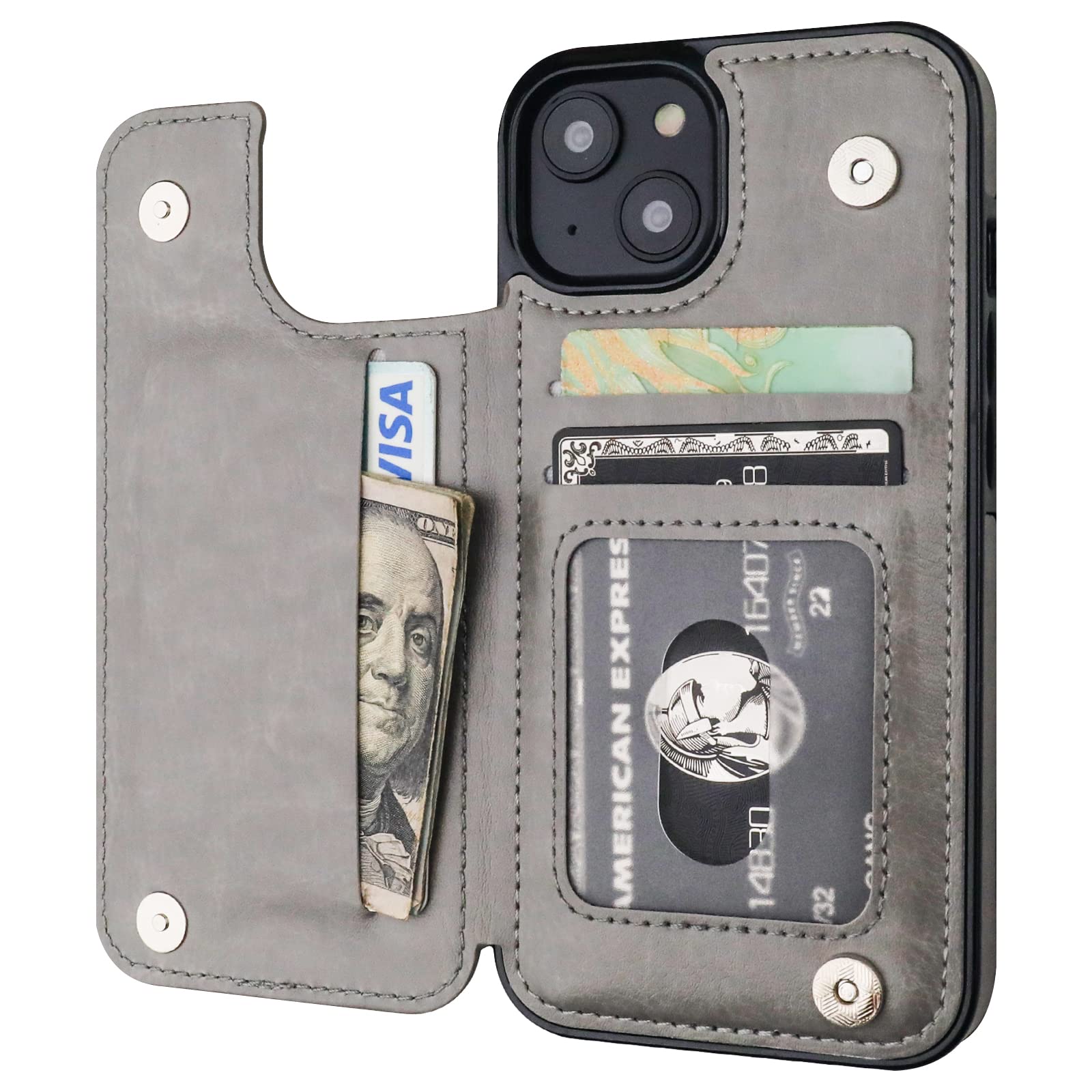 ONETOP Compatible with iPhone 14 Wallet Case with Card Holder, PU Leather Kickstand Card Slots Case, Double Magnetic Clasp and Durable Shockproof Cover 6.1 Inch (Gray)