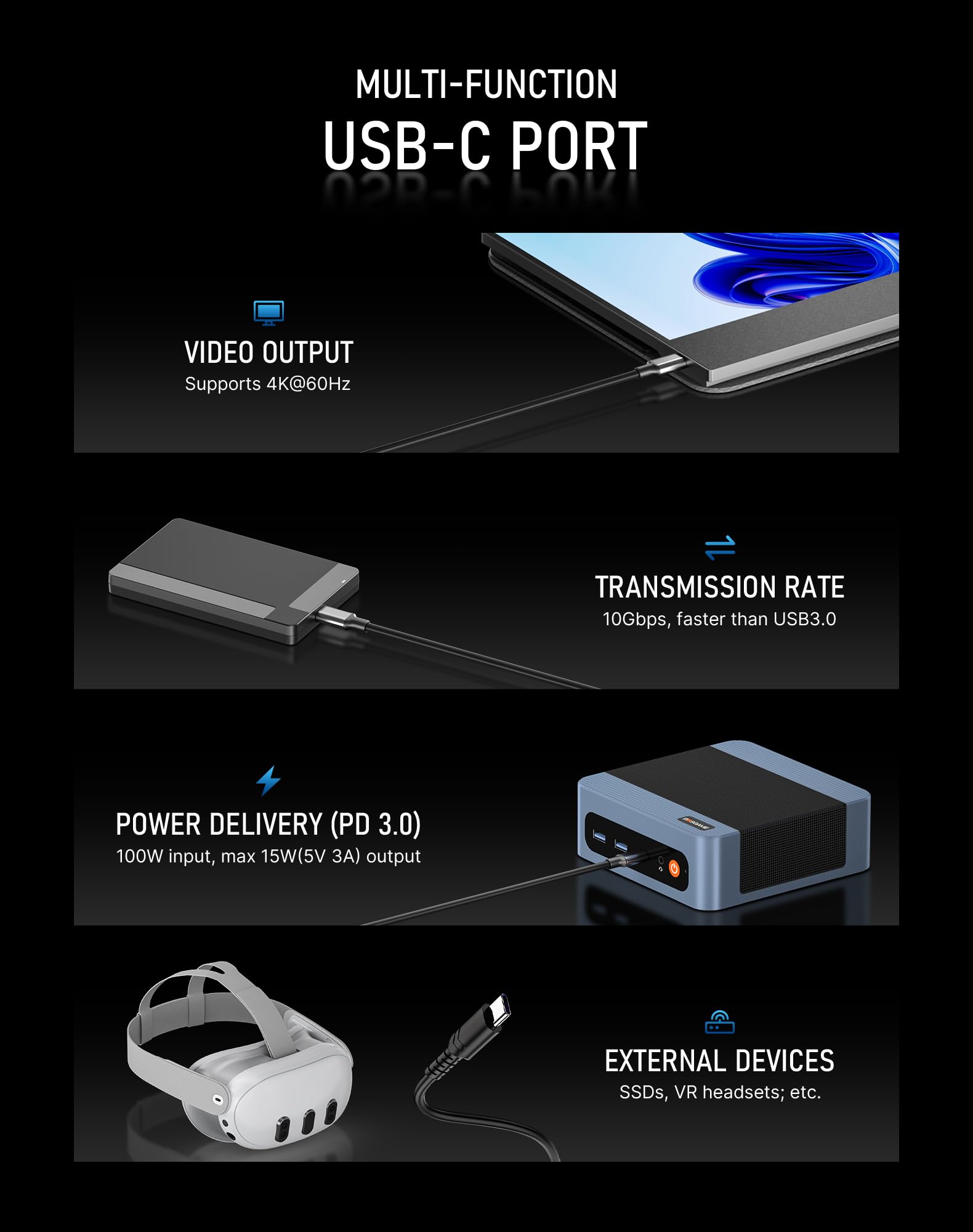 BOSGAME E5 Ryzen 3 5300U Mini Pc, Windows 11 Pro, 4 Cores, 8 Threads, Up to 3.8GHz, 8 GB DDR4 RAM, NVMe PCIE3.0 256 GB SSD,4K@60Hz Triple Display, HDMI2.0,USB-C 7