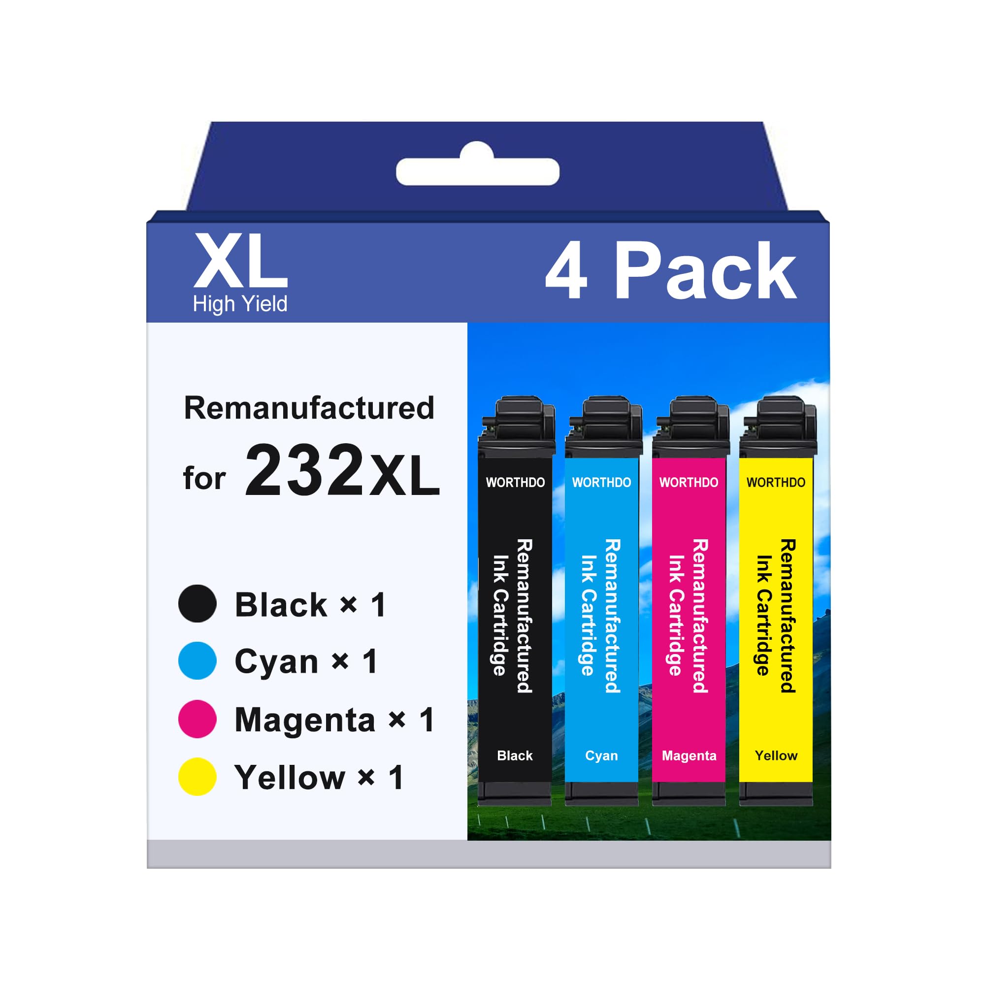 Photo 1 of WORTHDO 232XL Latest Upgrade Remanufactured Replacement for Epson 232 XL Ink Cartridges Combo Pack Work with Printer XP-4200 Ink WF-2930 WF-2950 XP-4205 (4, Black Cyan Magenta Yellow)