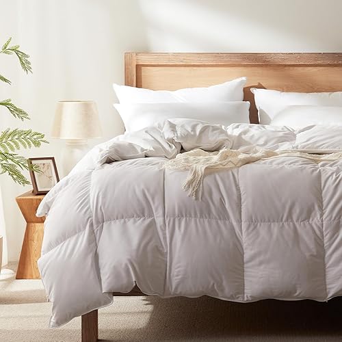Alanzimo Goose Feathers Down Comforter Queen Size Luxurious All Season Duvet Inserts - Ultra-Soft 750+ Fill-Power Hotel Collection Comforter, Puffy Medium Warmth (90x90, White)