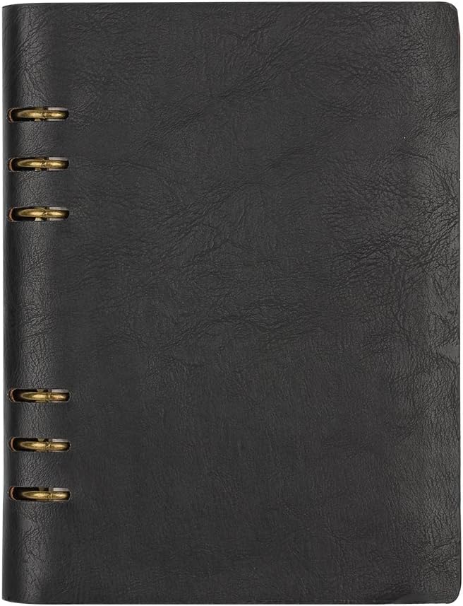 A5 6-Ring Binder Journal Refillable Planner Inserts PU Leather Vintage Journal Lined For Men Loose Leaf Black Notebooks For School With Card Pockets (Black)