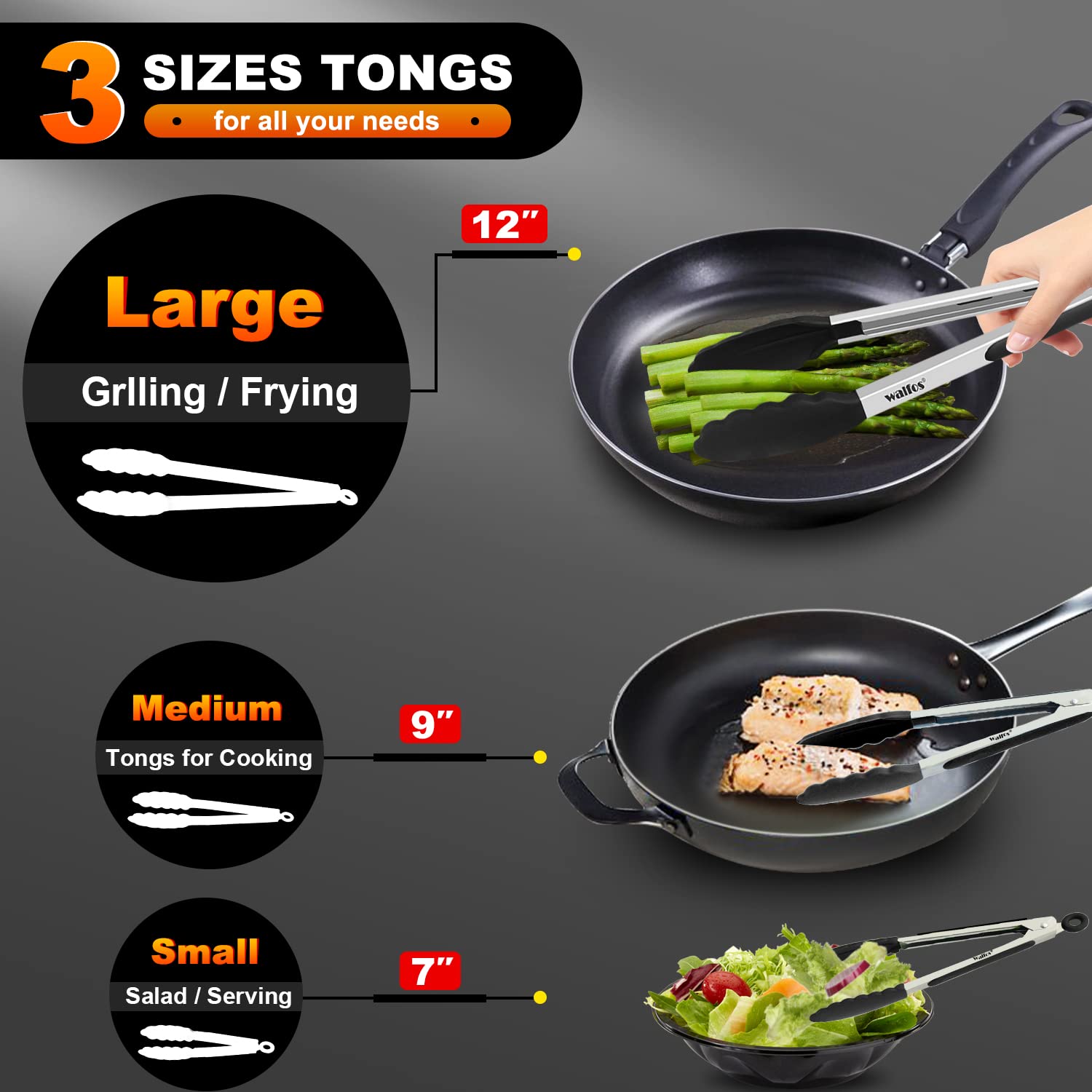 Walfos Kitchen Tongs - Heat Resistant Cooking Tongs Set of 3, Stainless Steel and BPA Free Silicone Tips, Great for Cooking, Grilling, Turning, 7