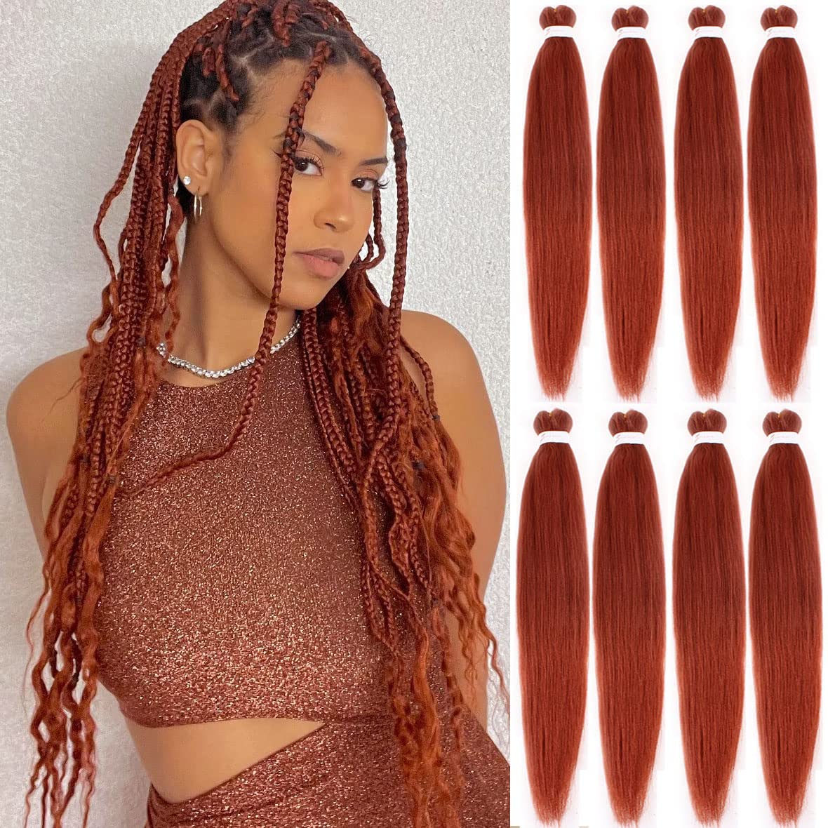Leeven 20 Inch Pre-Stretched Yaki Hair Extensions for Box Braids - 8 Packs Red Crochet Style with Hot Water Setting - EZ 350# โ image 1