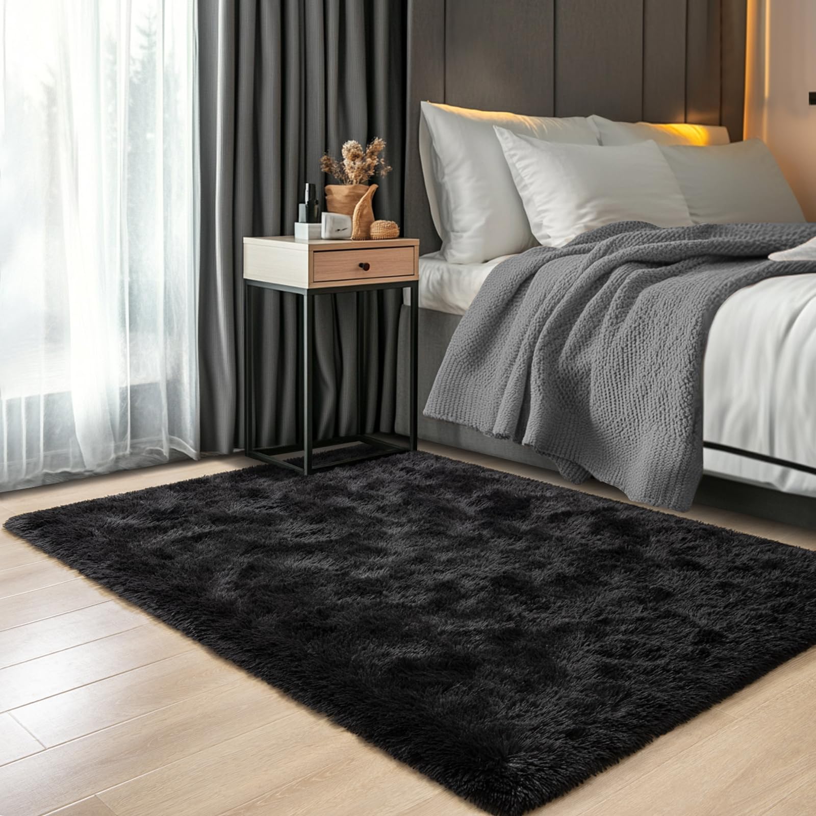 Photo 1 of ULTSOFE 3x5 Black Fluffy Bedside Area Rug Machine Washable, Small Shag Rugs Non Shedding for Living Room, Fluffy Carpet Anti Slip, Kids Playroom, Boy Girl Nursery