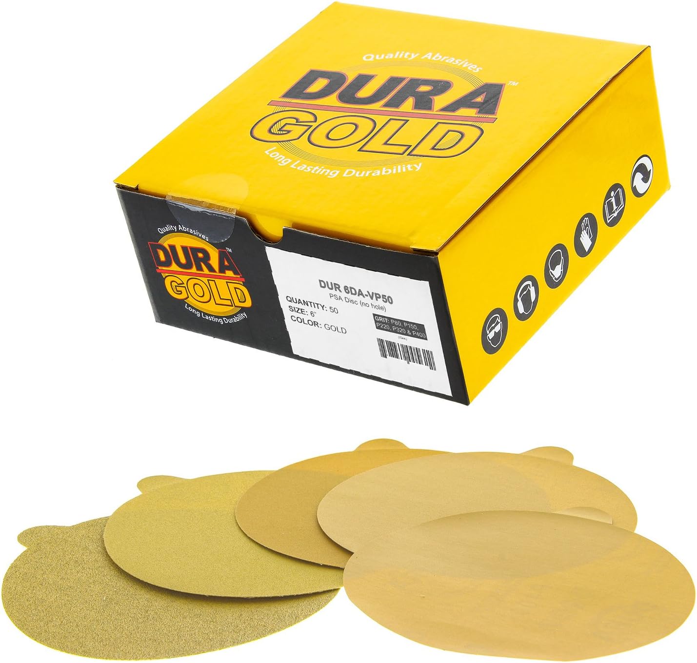 Dura-Gold Premium - Variety Pack - 6" Gold PSA Self Adhesive Stickyback Sanding Discs for DA Sanders -10 of Each Grit (80, 150, 220, 320, 400) Box of 50 Total Sandpaper Finishing Discs: Automotive