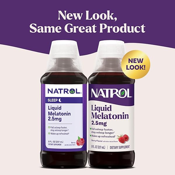 NATROL LIQUID MELATONIN 2.5 MG, ADULT MELATONIN SUPPLEMENT TO FALL ASLEEP FASTER AND STAY ASLEEP LONGER, WAKE UP REFRESHED, 8 FL OZ BERRY-FLAVORED LIQUID, UP TO A 23 DAY SUPPLY