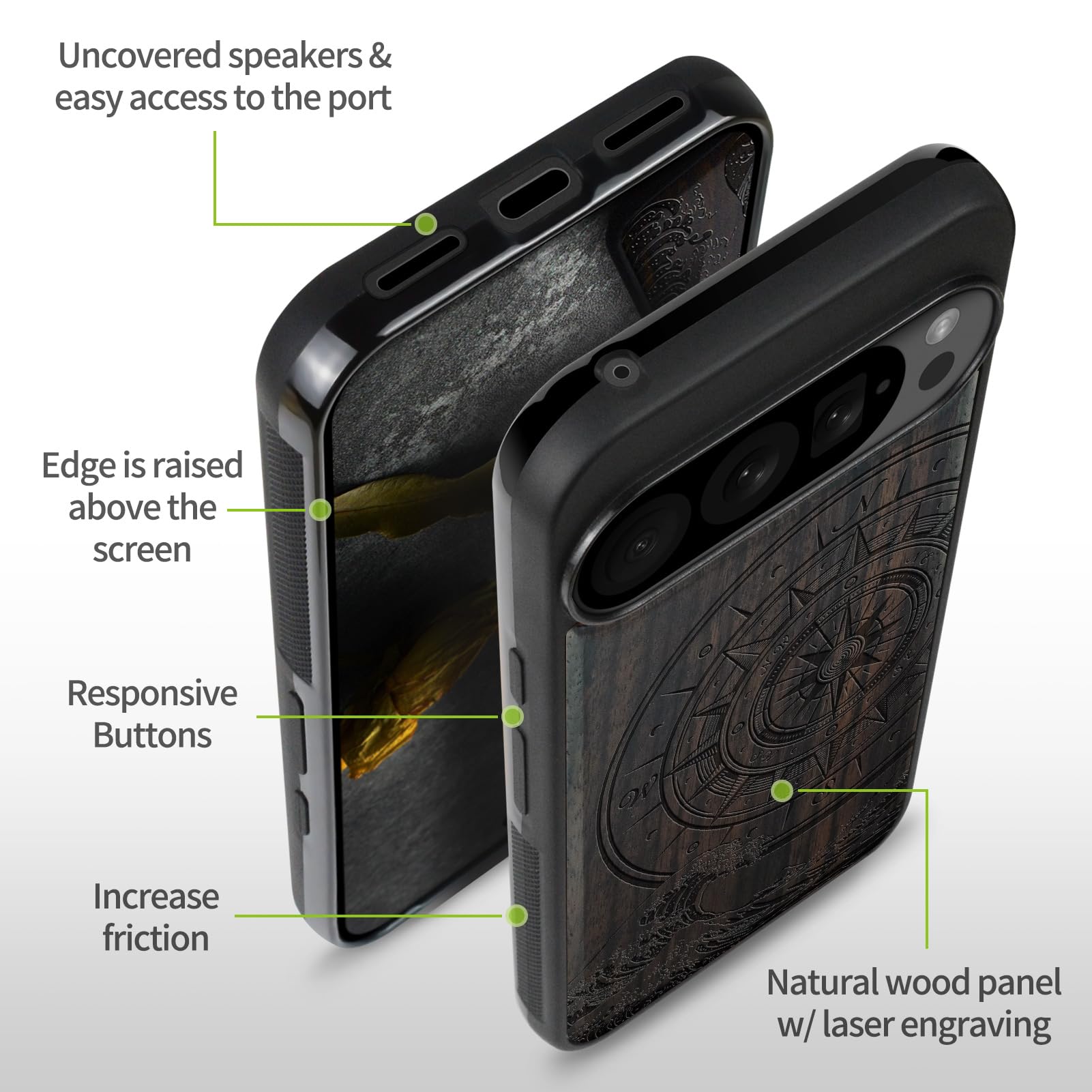 Carveit Holz Cover für Pixel 10 Pro XL hülle, Handyhülle kompatibel MagSafe Silikon Stoßfeste Case, Magnetisch Hull für Google Pixel 10 Pro XL Handyhulle（Dunklesholz-Der Kompass vor Kanagawa Waves） 6